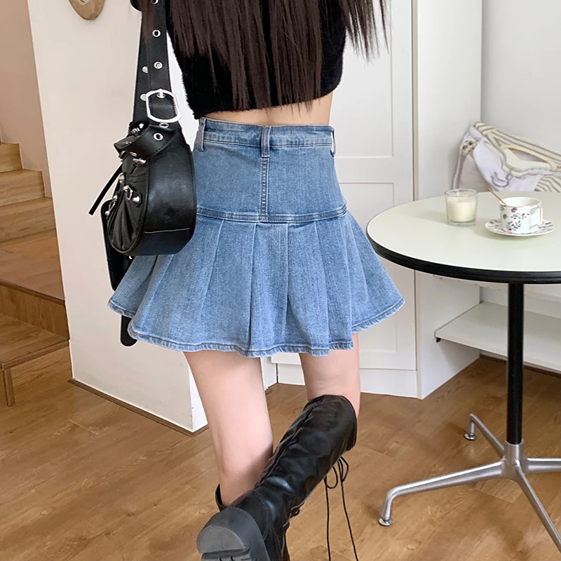 Denim Skirt Women's Blue Summer Shorts Casual Commuter Ruffles High Waist Slim Spicy Girl Wrap Hip  Skirt Pleated Short Skirt
