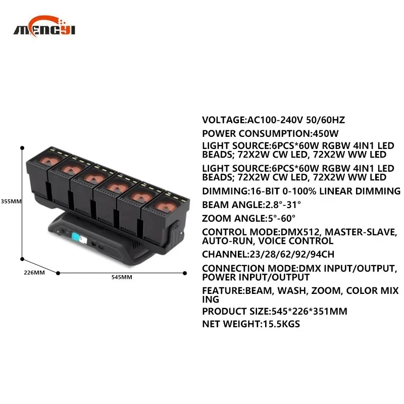 Фото Светодиодный матричный прожектор Stage Light Bar 6x60W RGBW 4-в-1 DMX Pixel Zoom Beam Wash с вспомогательным светом для дискотек и диджеев №4