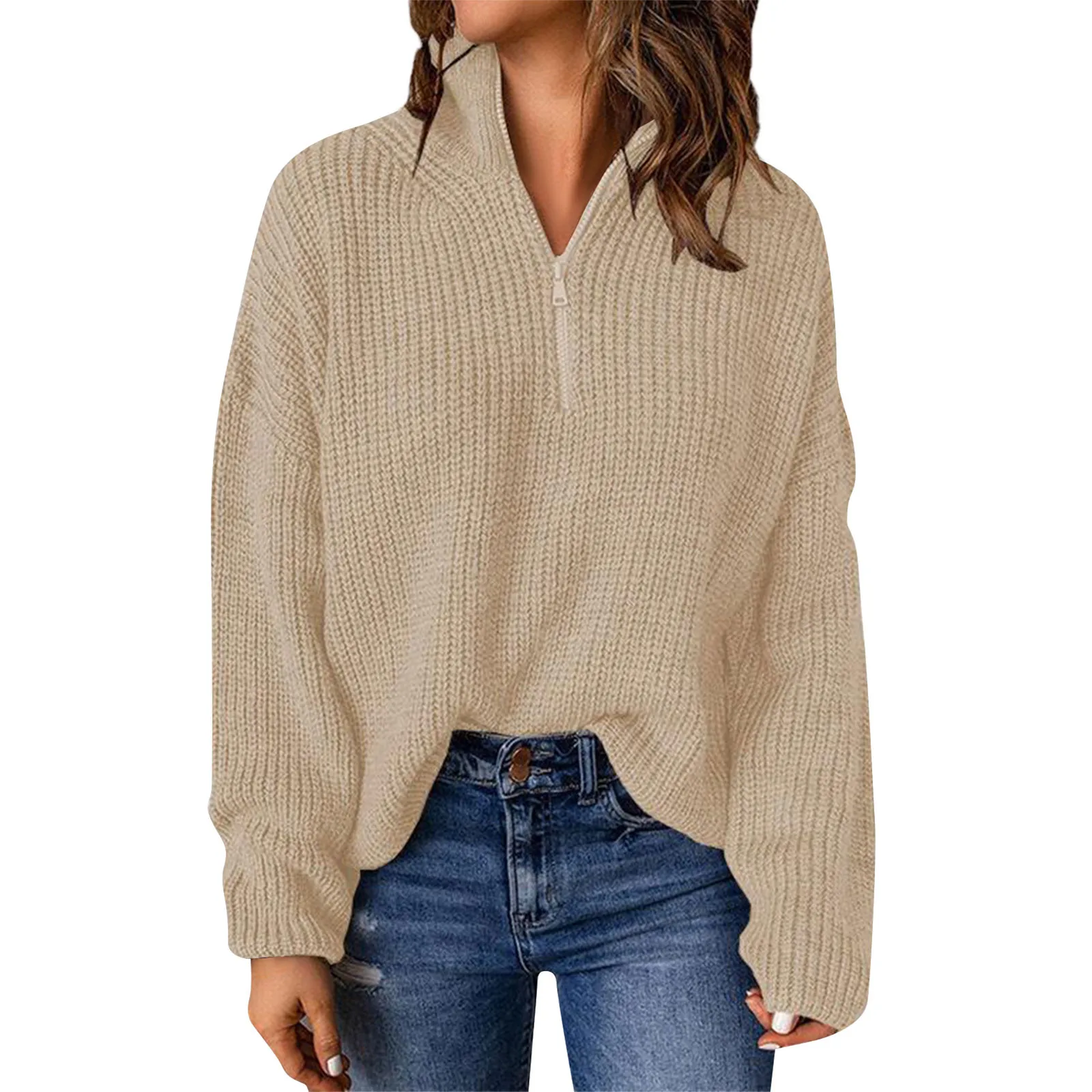 

Зимний женский свитер, однотонный джемпер цвета хаки на молнии с отложным воротником, свободные винтажные теплые пуловеры, водолазка, вязаные топы в рубчик
