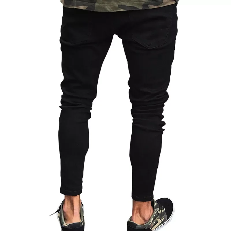 NEW Black Stretch Skinny Fit Bottom Zipper Jeans Men Knee Ripped Distressed Hole Biker Jeans Pants Hip Hop Street XXXL