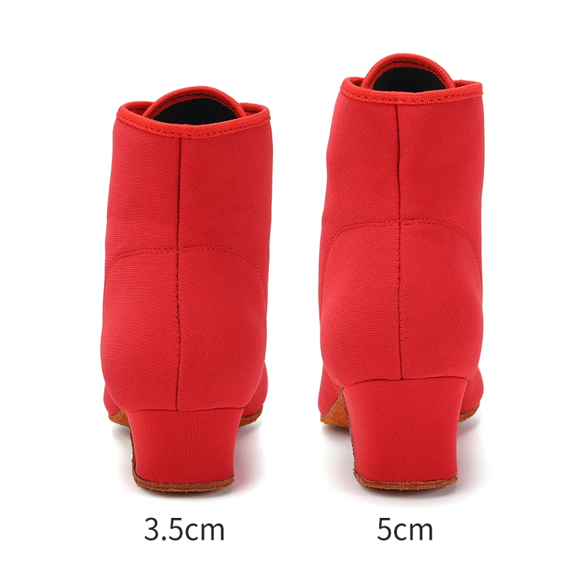 Women's Ballroom Dancing Shoes Stretch Fabric High-Top Latin Dance Shoes for Girl Black Red 3.5/5 CM Heel  Suede and Rubber Sole