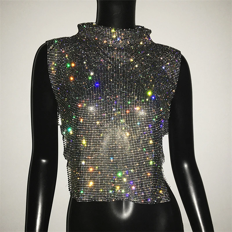 

Sexy Rhinestone Backless Party Crop Top Women Glitter Turtleneck Tshirt Adjustable Metal Chain Summer Nightculb Diamond Tank Top