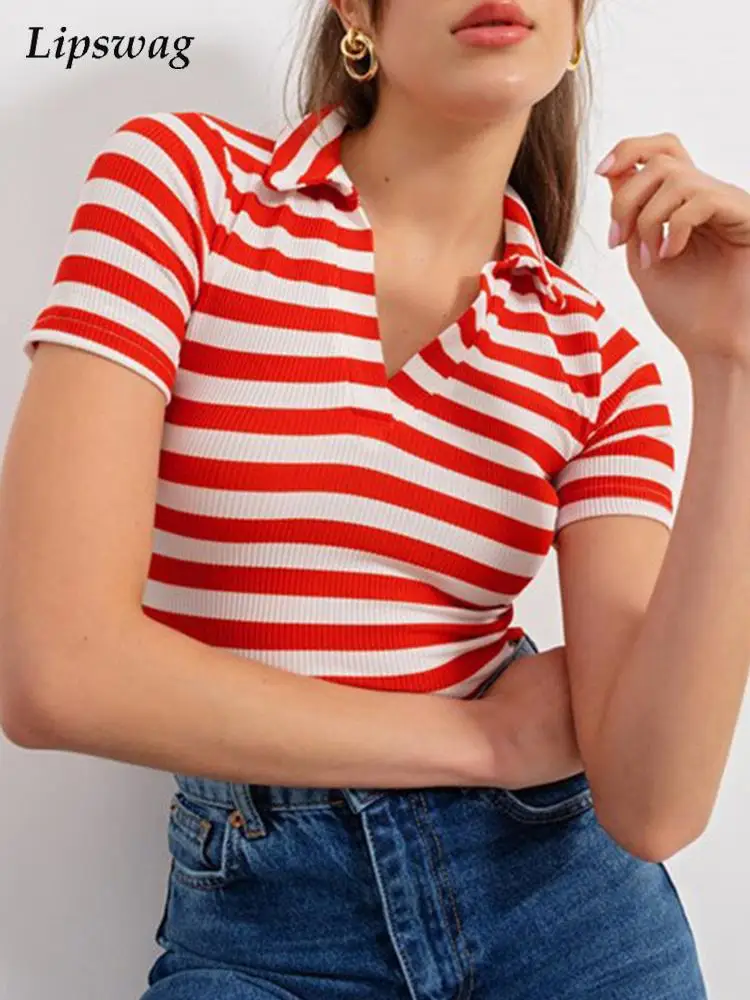 

Casual Slim Fit Short Sleeve Women Polo Shirts Summer Fashion Striped Knitted Tops Pullover Ladies Elegant Turndown Collar Polos