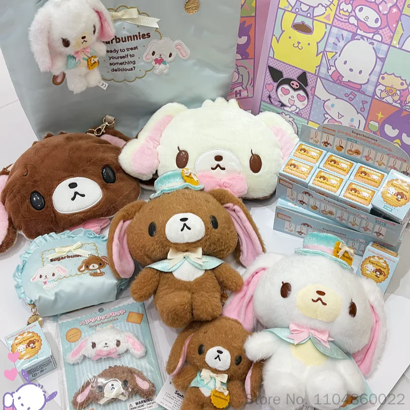 Фото Оригинальная плюшевая кукла-брелок Sanrio Honey Bonnie Rabbit Series Sugarbunnies Kurousa Shirousa, сумка через плечо, заколка для волос, сумочка №1