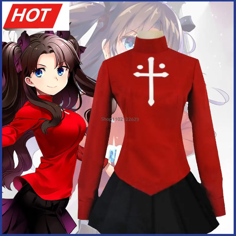 

Женский костюм для косплея Fate Stay Night Tohsaka Rin, костюм с длинным париком и черной юбкой, карнавальный костюм для ролевых игр, платья на Хэллоуин
