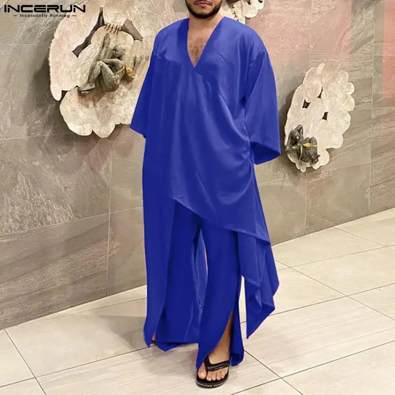 

INCERUN Men Sets Solid Color Islamic Arab Muslim Clothing V Neck 3/4 Sleeve Irregular Kaftan Robe & Pants 2PCS 2023 Men's Suits