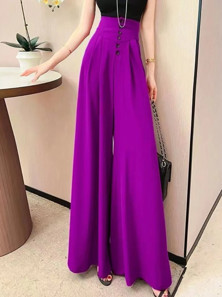 

Женские модные длинные фиолетовые брюки, элегантные и шикарные Простые повседневные свободные брюки с высокой талией, женские прямые широкие брюки