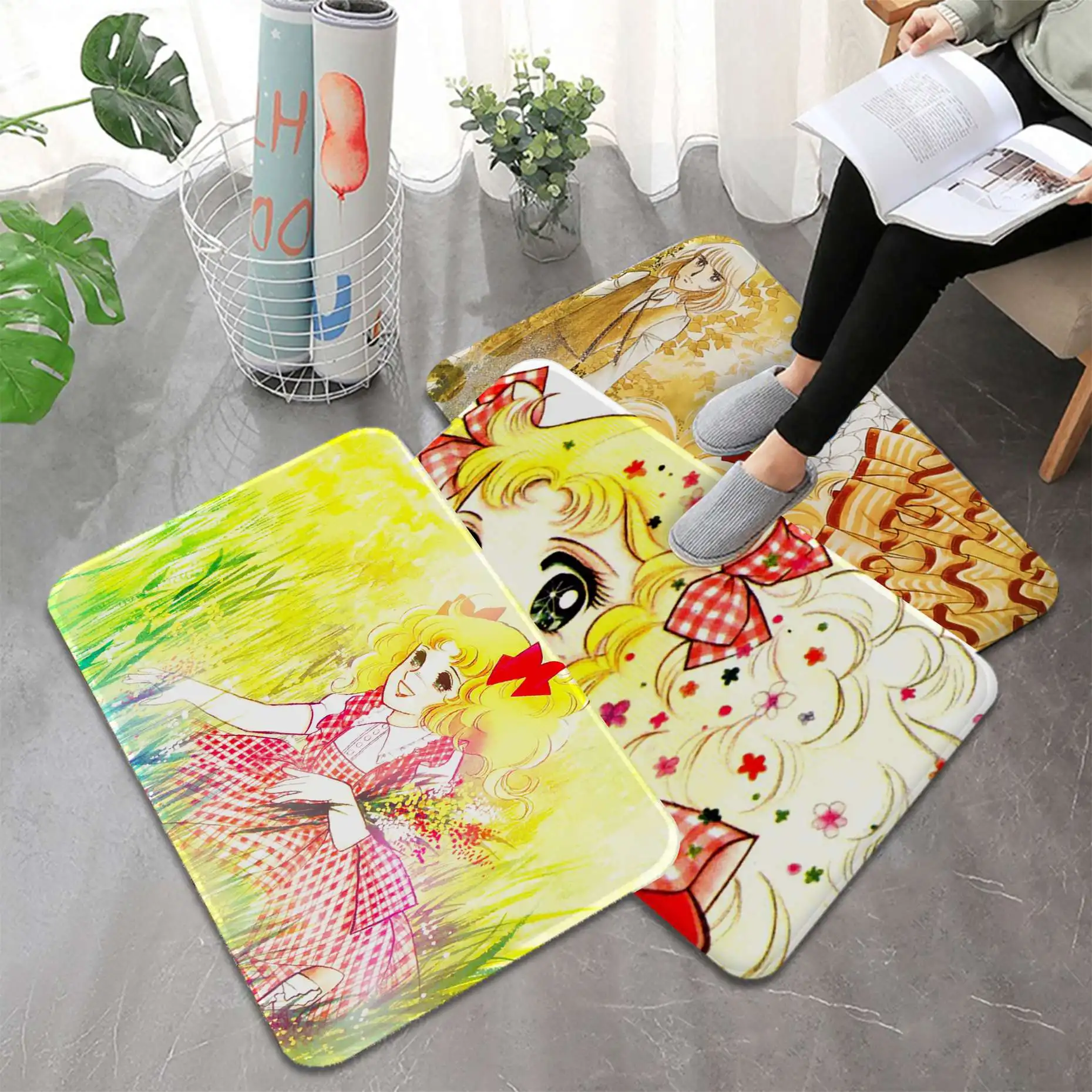 

Cartoon Women's Candy Candy Bathroom Decor Printed Flannel Floor Mat Kitchen Welcome Doormat Carpet Non-Slip for Living Room