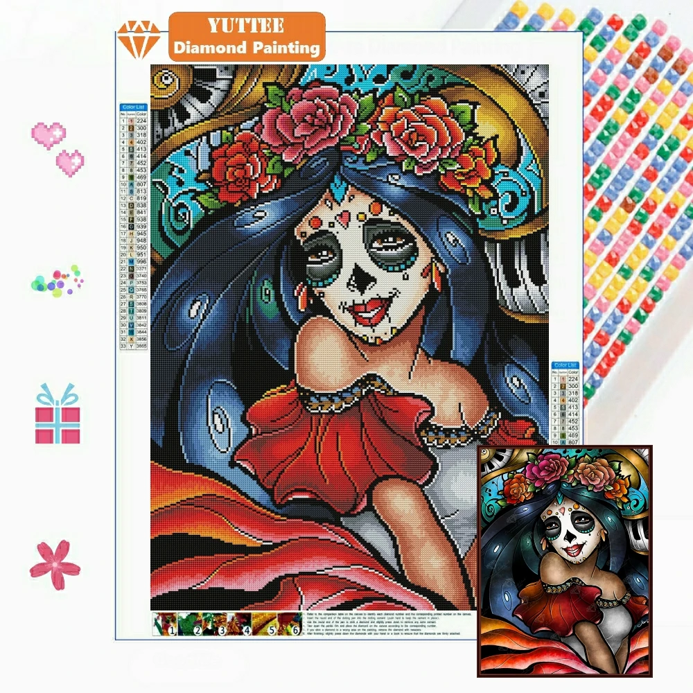 

La Catrina 5D DIY Diamond Painting Mosaic Halloween Skeleton Embroidery Square Round Drill Cross Stitch Rhinestones Room Decor