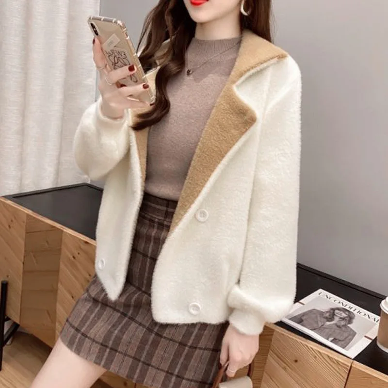 

Casual tweed coat,Imitation Mink Fleece Short Coat Women's Autumn/Winter New Suit Collar Color Matching Knitted Cardigan M2023