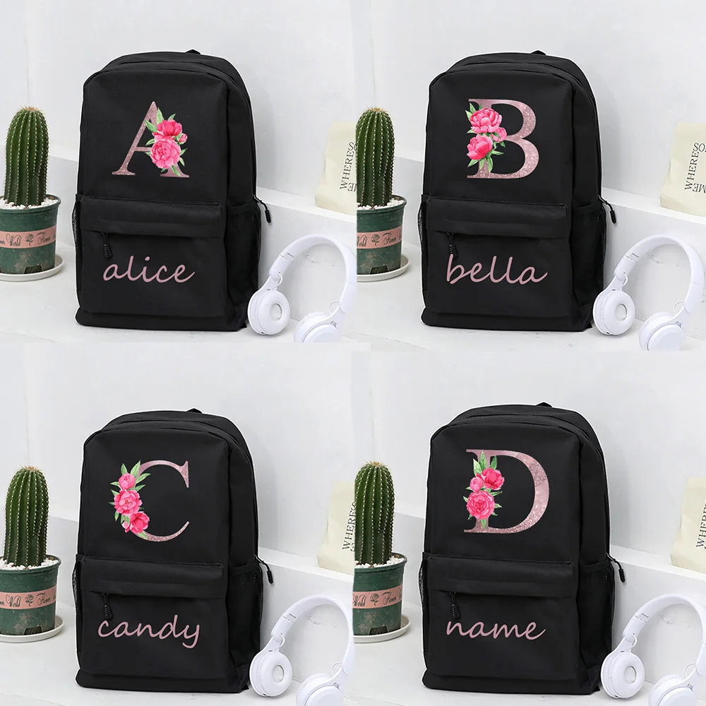 

Personalized Pink Letter Floral Printed Women Backpack Shoulder Bags Casual Travel Female Student School Bag Custom Name