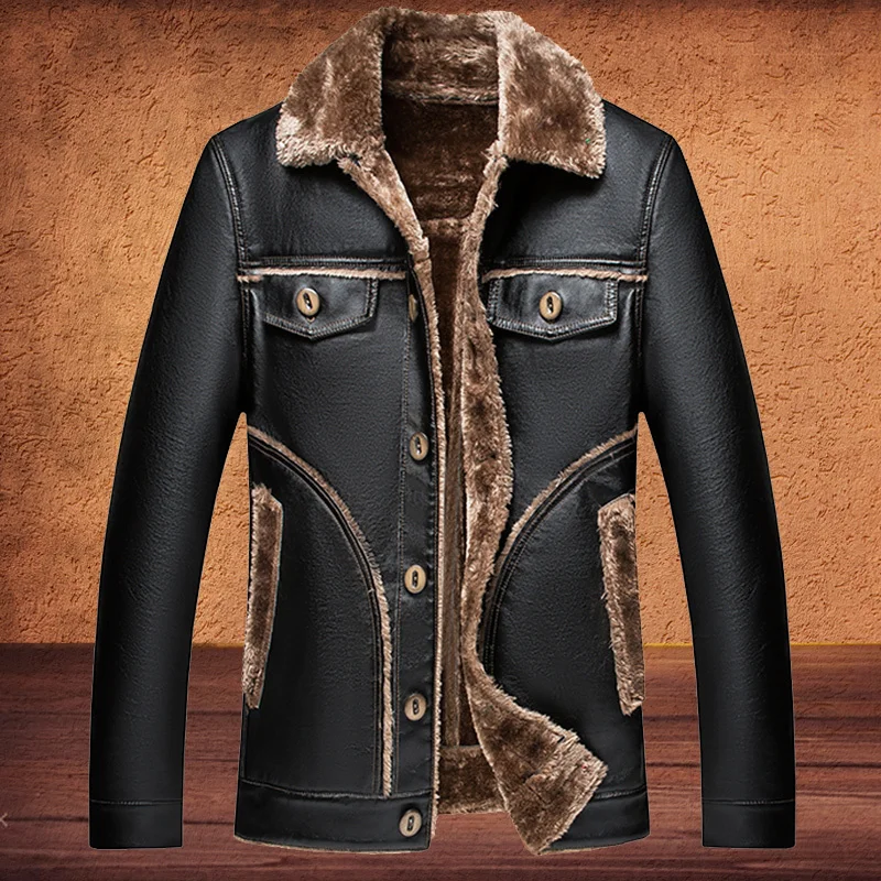 

Winter Jacket Men Leather Jacket Men Fur Lined Winter Fashion Coat Warm Outwear Jacket Vintage Style Plus Size 4XL 5XL 6XL 7XLPU