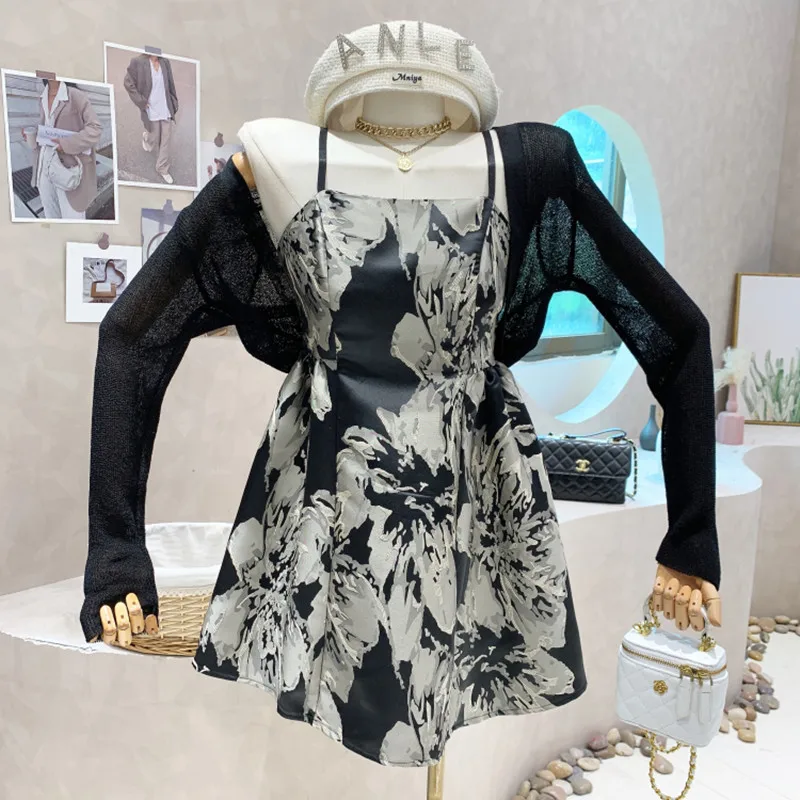 

Niche Design New Women's Clothing 2022 Summer Retro 3D Embroidered Flowers Thin Puffy Dress Knitted Cardigan Top Two Piece Set