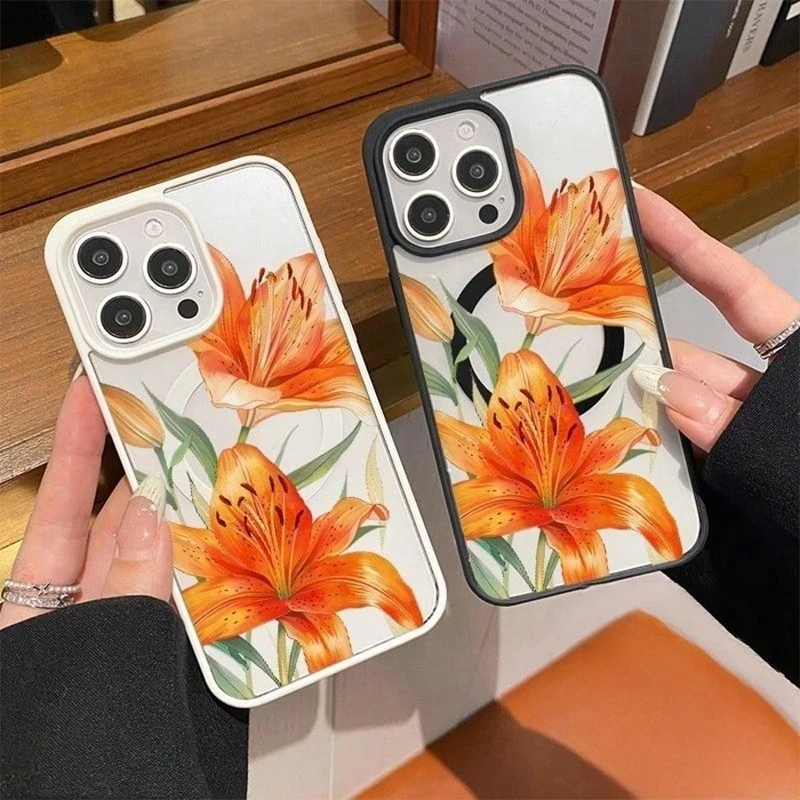 Фото Оранжевый магнитный чехол с узором в виде лилий для iPhone 17, 11, 16, 15, 14, 13, 12 Pro Max Plus, Air 17E, 16E, совместимый с беспроводной зарядкой MagSafe №2