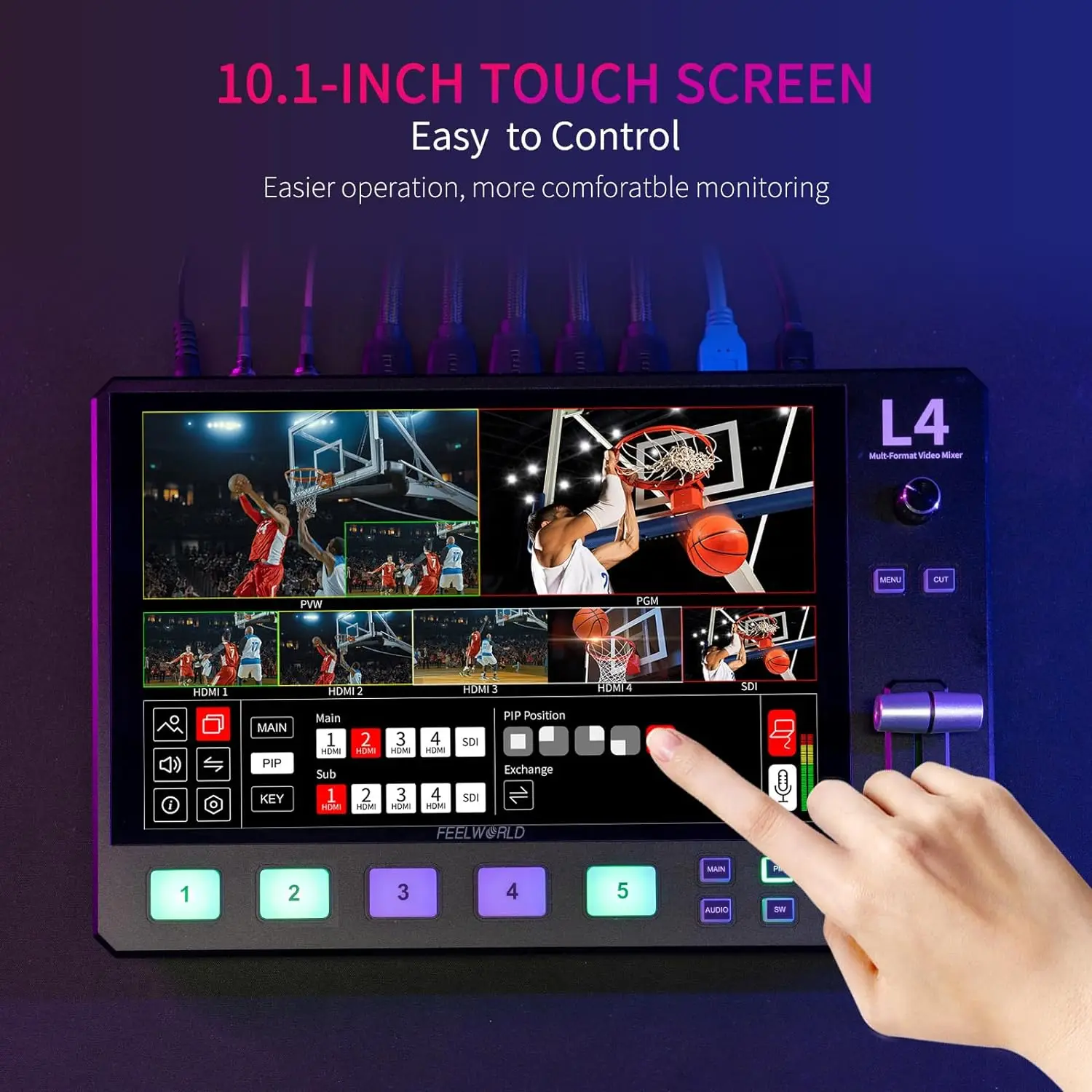 Фото Мультикамера FEELWORLD L4, Смеситель для видео, переключатель с 10,1 дюймовым HDMI мультикамерой, HD-видео потоковая SDI вещающая станция №5