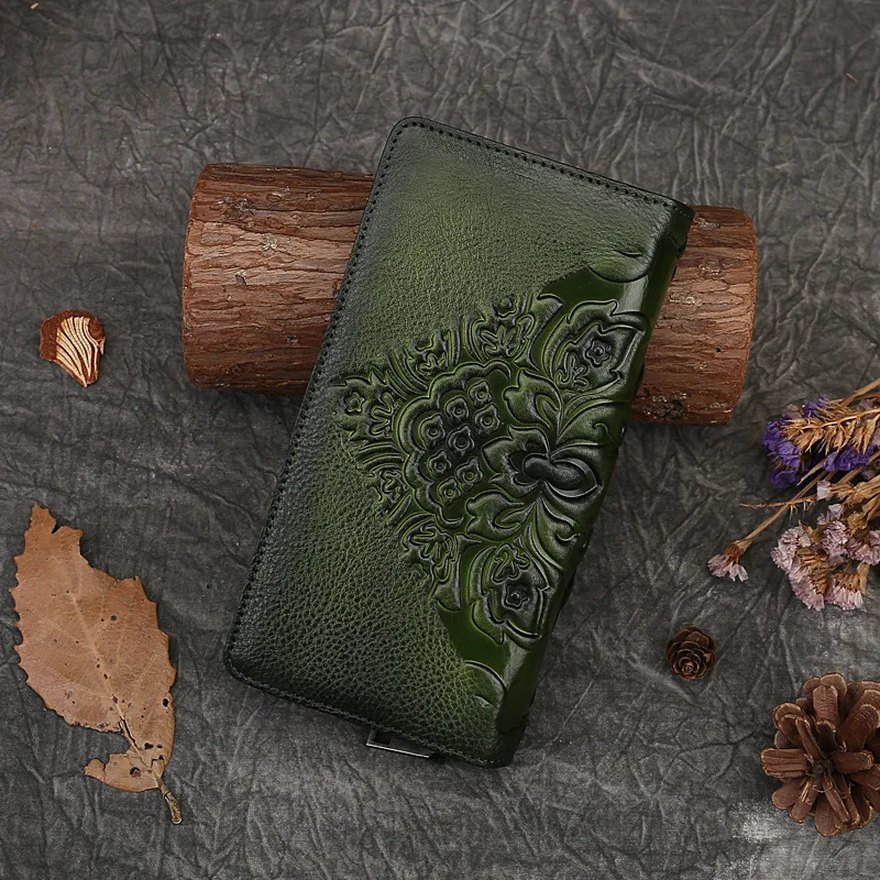 Women Wallet Retro Genuine Leather Purse Vintage Ladies Chinese Style Flowers Embossed Card Holder Female Luxury Clutch Bag Gift