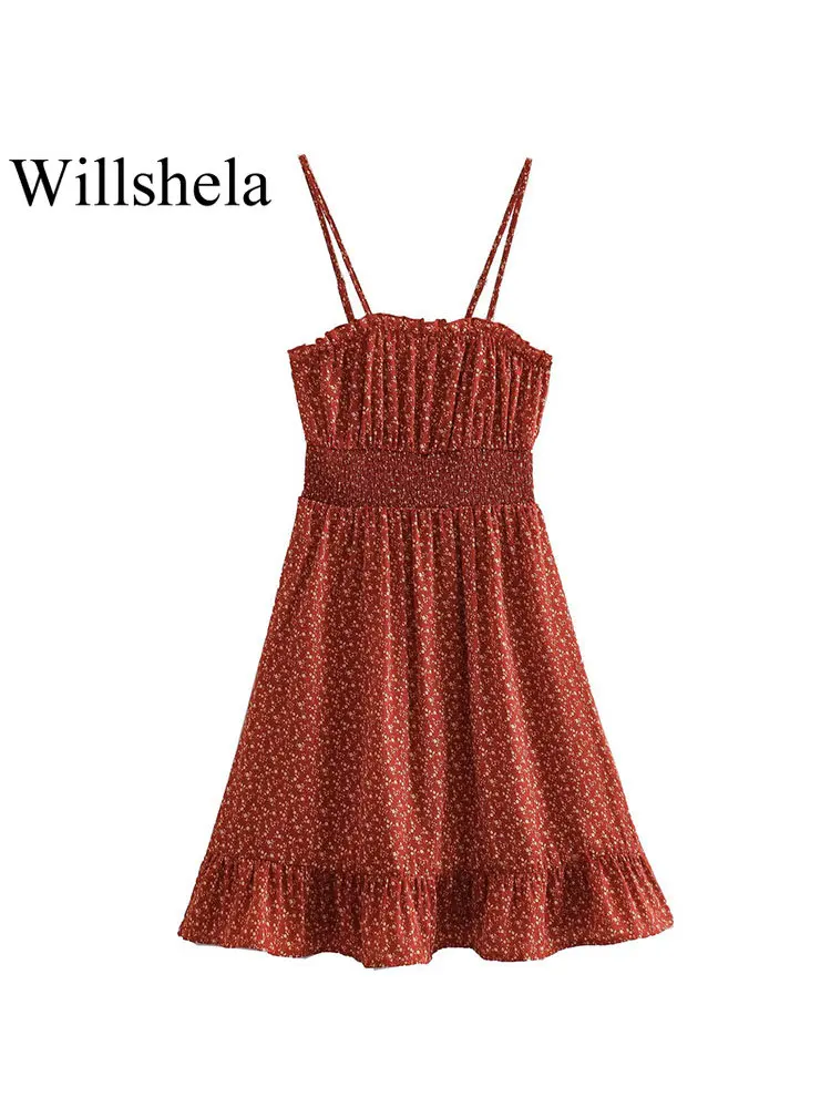 

Женское плиссированное платье Willshela, винтажное мини-платье с эластичным поясом, тонкими бретелями и вырезом лодочкой