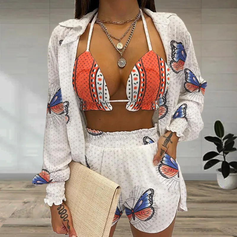 

Summer Three Piece Sets Women Bra Cardigan and Shorts Sets Laies Casual Elegant Floral Print Matching Sets