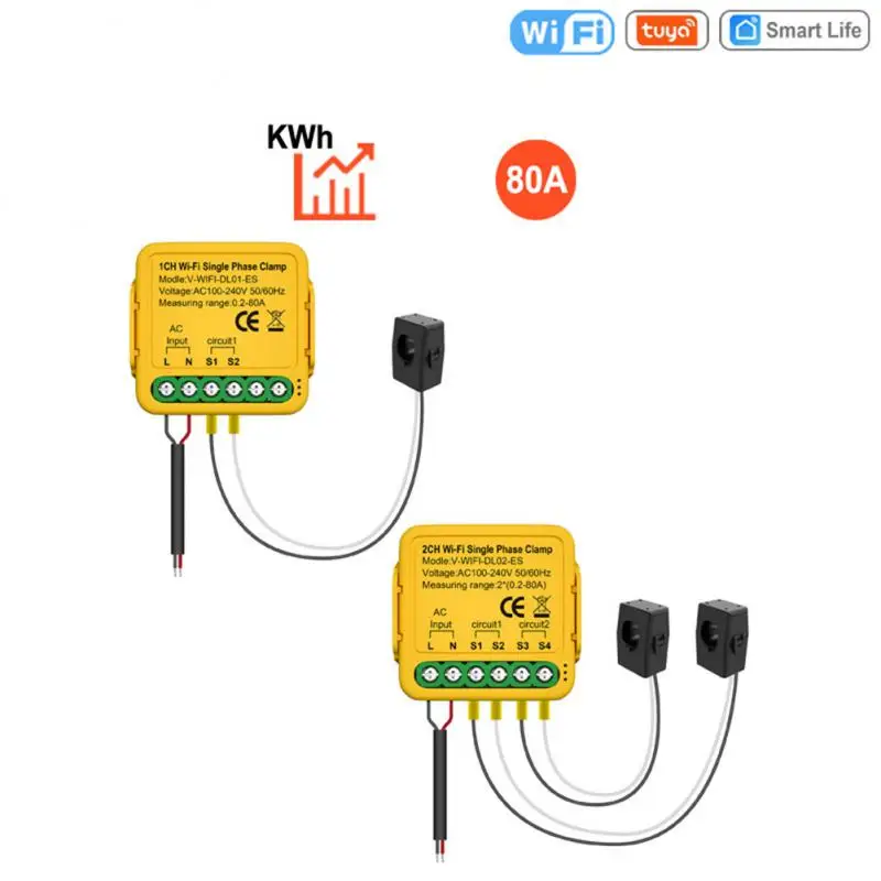 

80A Tuya WiFi Smart Life Energy Meter With Current Transformer Clamp KWh Power Monitor Electricity Statistics110V 230V 50/60Hz