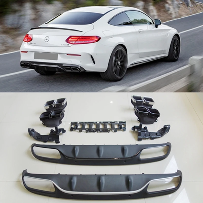 

For C63 AMG Diffuser with exhaust tips for Mercedes Benz W205 C205 Coupe 2-Door C200 C300 C43 AMG to C63 Rear Bumper Lip