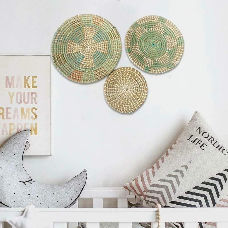 

3 PCS Handmade Hanging Wall Basket Decor Round Woven Basket Boho Home Decor Trays For Bedroom Kitchen Living Room
