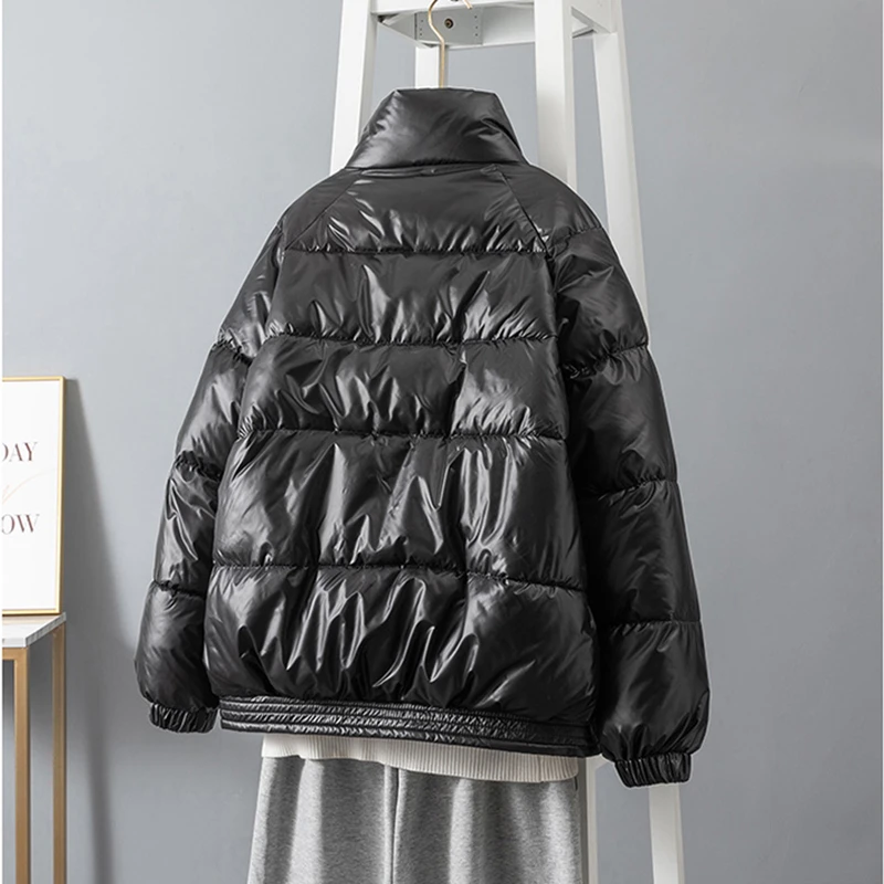 Winter Bright Face Down Jacket Women Korean Fashion Stand Collar Snow Coat 2022 New Solid Loose Zipper Windproof Thickened Parka