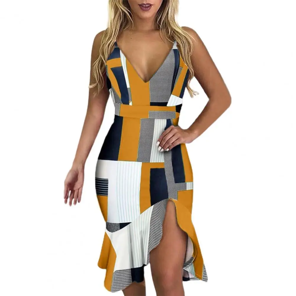 

Женское богемное платье без рукавов, повседневное пляжное праздничное платье с принтом, облегающие платья на бретельках с оборками для жен...