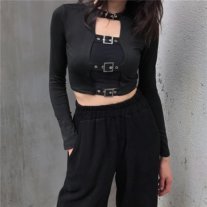 

Women Sexy Cropped T Shirts Sexy Navel Long Sleeve Tie Short Tops Female Hollow Out Streetwear T Shirts O-neck Women Clothes