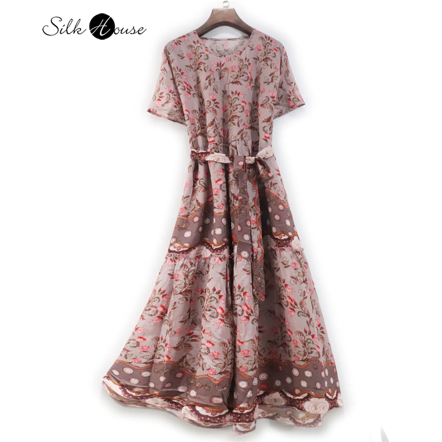 

Silk Dress Mulberry Silk Elegant Floret Print Medium Length Dress Women's Dress Lace Up Waist Round Neck Crepe De Chine
