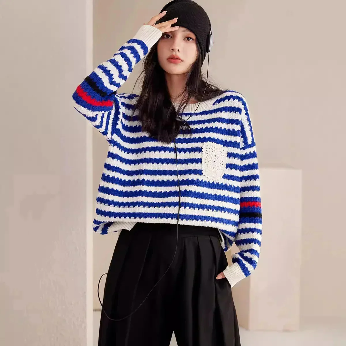 Осенний модный дизайнерский нишевый свитер Sense женский в полоску уличная одежда