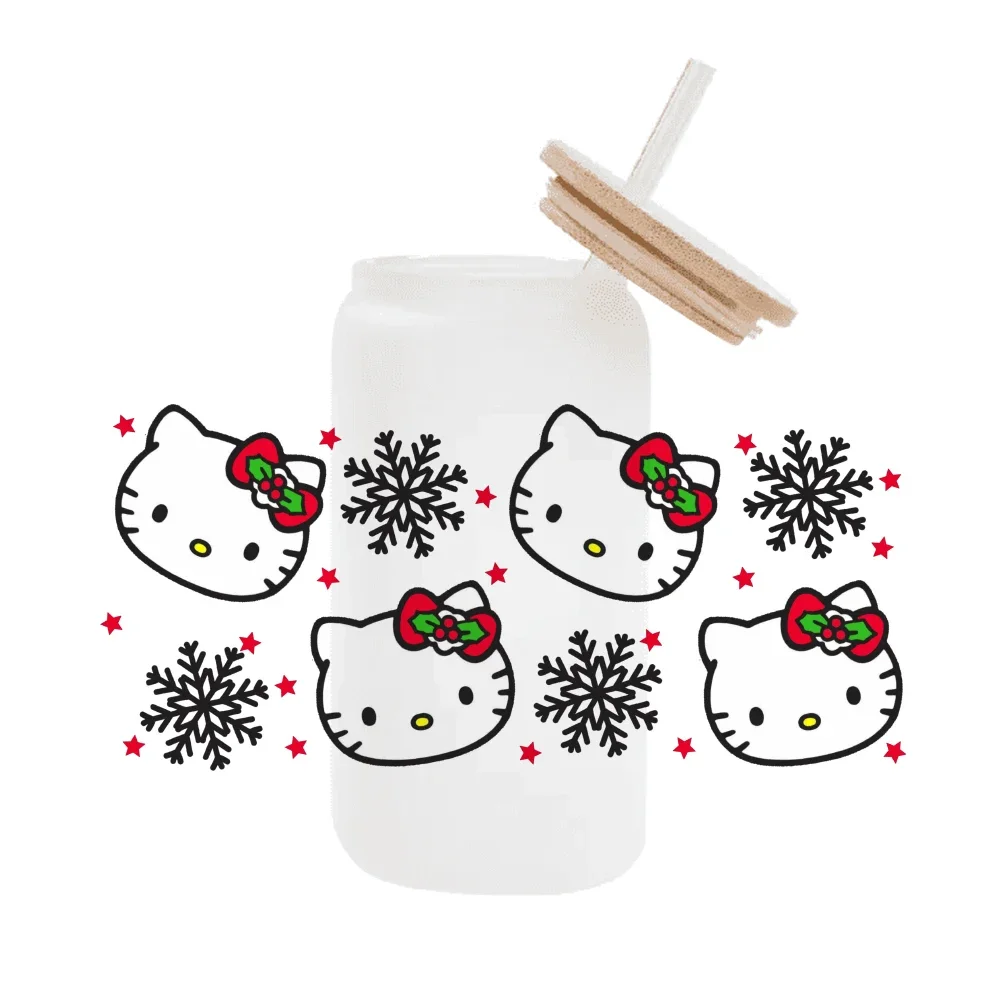 Модный мультфильм Hello Kitty Christmas For Libbey 16oz Can Glass 3D Водонепроницаемый УФ DTF Кофе Wrap