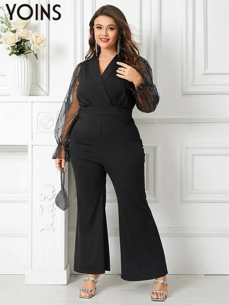 

YOINS 2023 Plus Size Women Jumpsuits Autumn See-through Long Sleeve Glitter Elegant Patchwork Overalls Femme OL Work Rompers 4XL