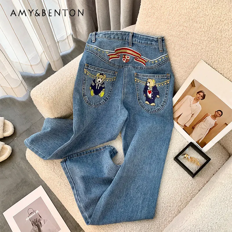 Retro Spring and Autumn Niche High Waist Loose Cartoon Embroidery Jeans for Women New Fashion Denim Wide Leg Pants for Ladies