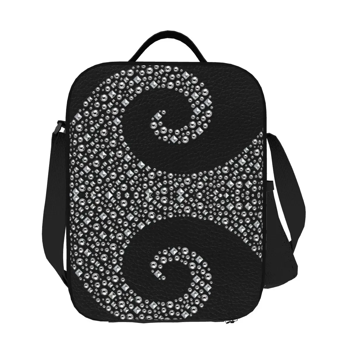 Черная кожа с серебряным штифтом Изолированные сумки для обеда завитками женщин