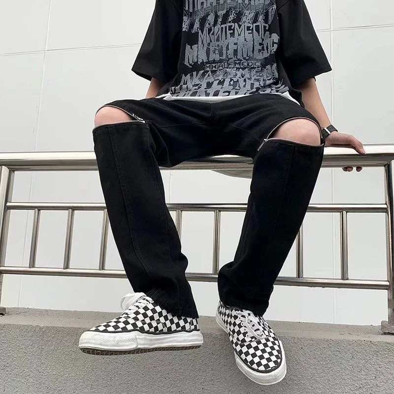 Summer Black Ripped Jeans Men Fashion Casual Straight Jeans Men Streetwear Loose Hip Hop Hole Denim Pants Mens Trousers S-3XL