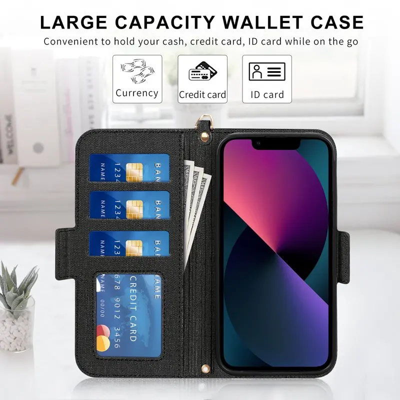 Wallet Case ,[RFID Blocking][Kickstand Function] Handmade Flip Folio Wallet Case with Card Slots and Detachable Hand Strap for i