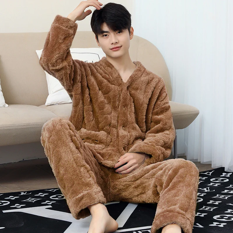 Winter Pajamas Set Casual Full Sleeve Sleepwear For Men Warm Soft Pyjama Man Thick Flannel Cartoon Bear Homewear Plus Size