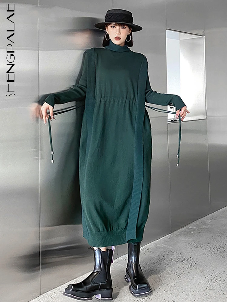 

SHENGPAIAE 2022 Autumn New Solid Patchwork Knit Dress Women Personality Fashion Loose Turtleneck Full Sleeve Dress Korea 5W1034