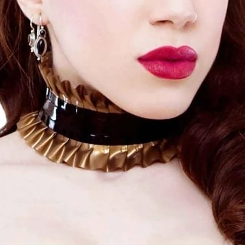 

Black And Golden Frills Sexy Latex Collars With Buttons At Back Rubber Choker French Maid JC-0092