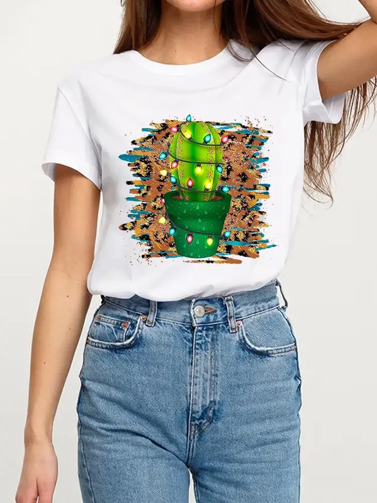 

Футболка женская с принтом, базовая одежда с новогодним рисунком, Забавный тренд С КАКТУСОМ и надписью «Merry Christmas»
