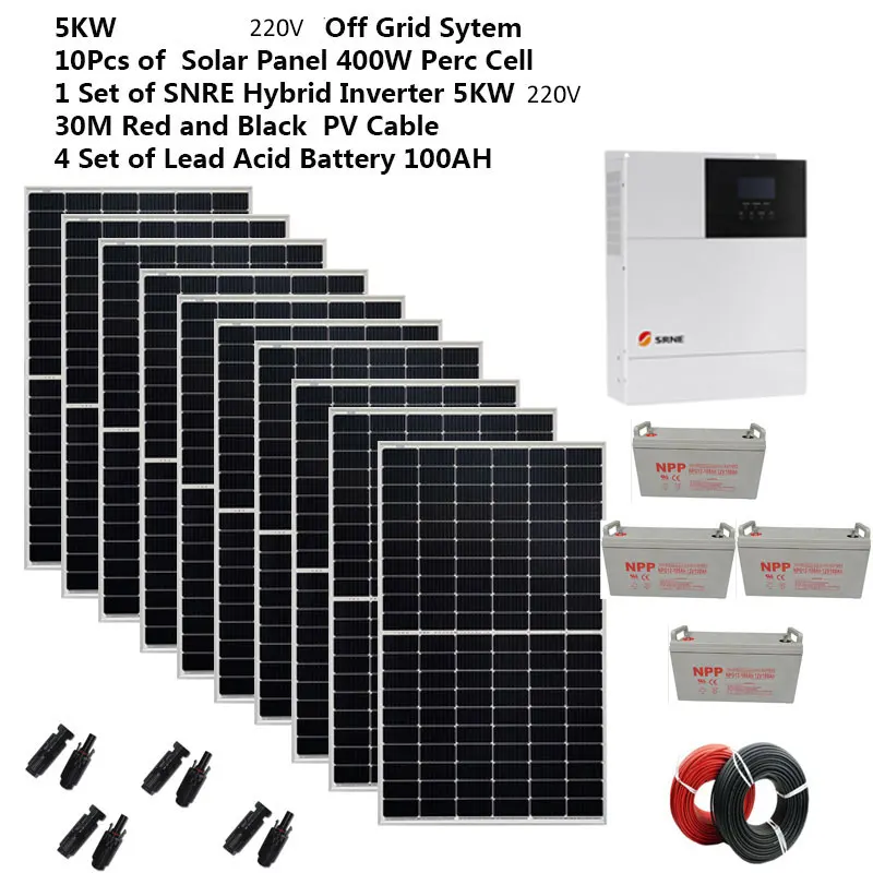 Solar Panel Kit Complete 5000W %KW 220V 110V Mount  Battery PV Panel 400W Hybrid Inverter MPPT Off Grid System Home Generator