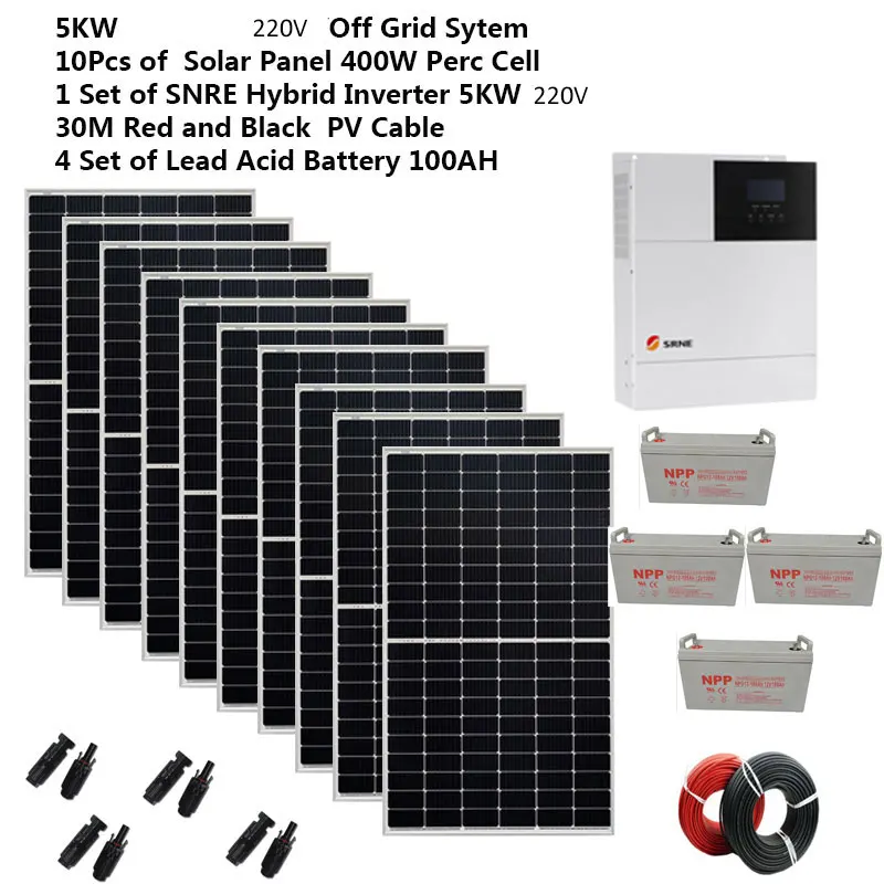 Solar Panel Kit Complete Battery 5000W 220V 110V Mount PV Panel 400W Hybrid Inverter MPPT Off Grid  System Home Camping Car Boat