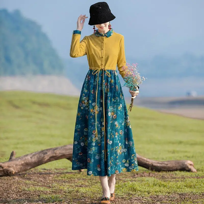 

Ethnic Women Elegant Spring Cotton Linen Print Strappy Dress Vestidos