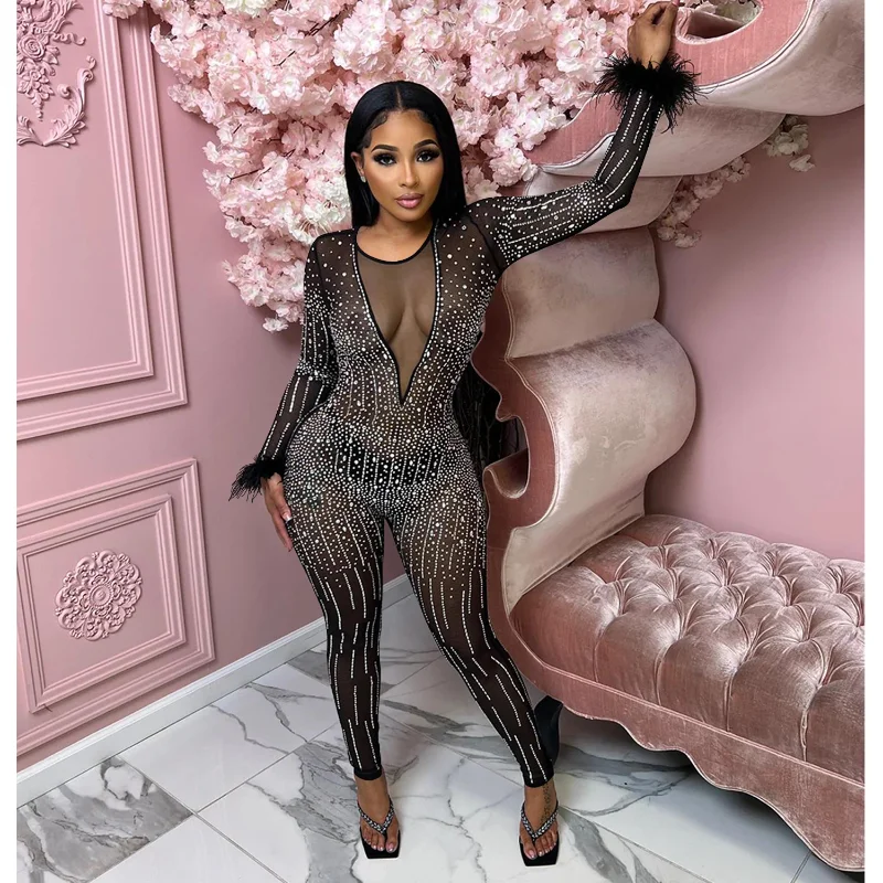 

Винтажный женский сетчатый комбинезон KEXU со стразами, модель 2023 года