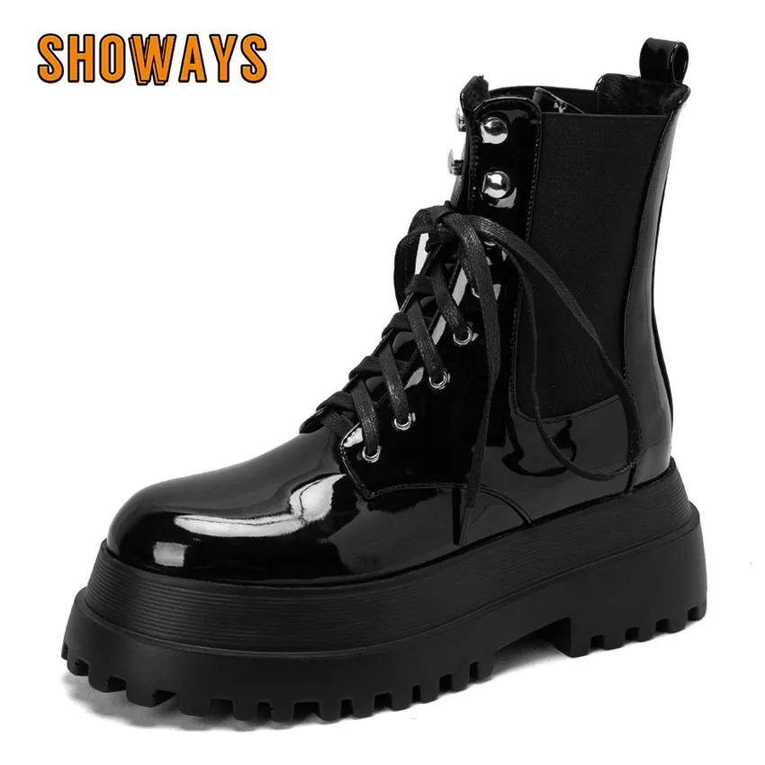 

Winter Women Ankle Boots Black Patent Leather High Thick Heels Creepers British Lady Office Dress Round Toe Lace-up Retro Boots