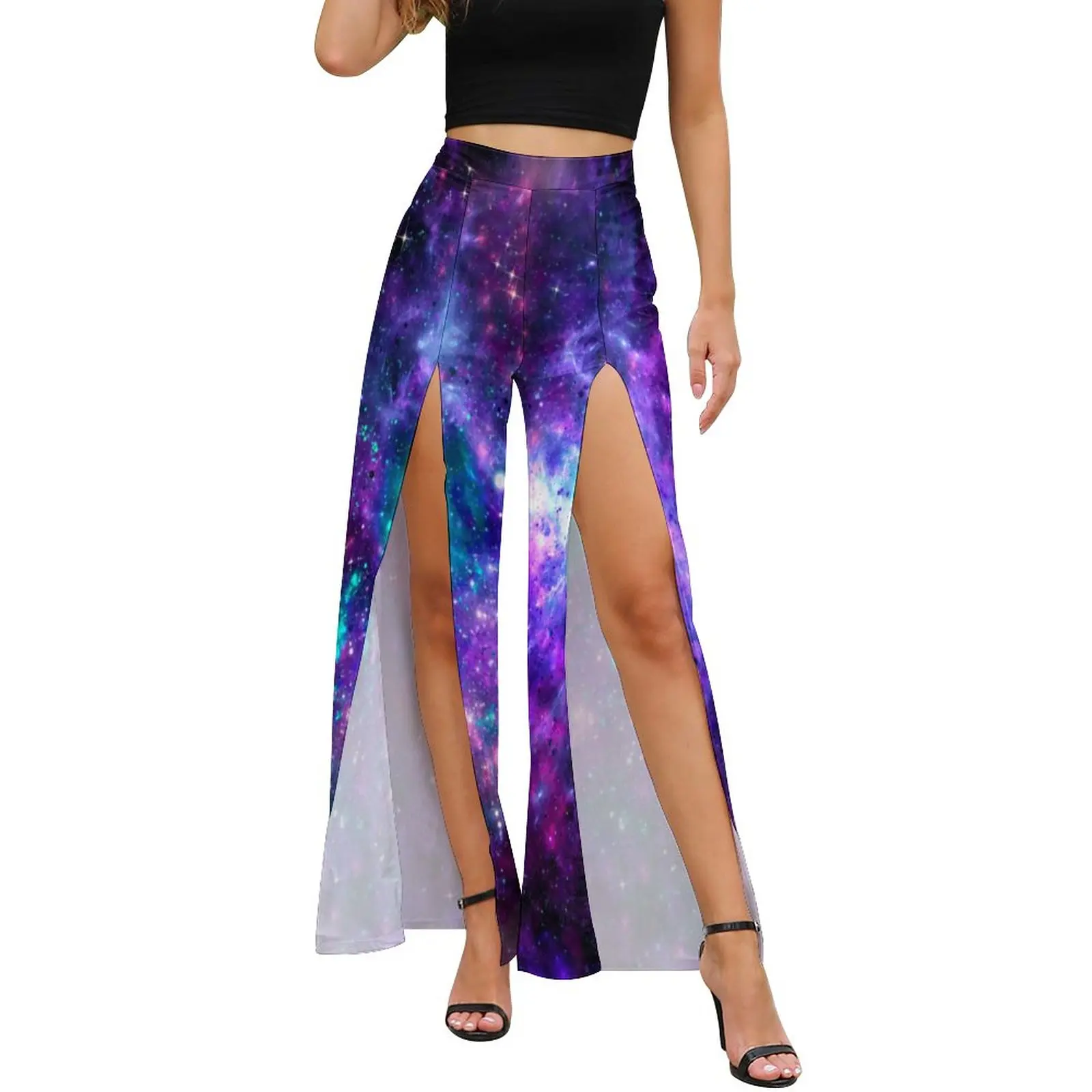 

Sky Purple Teal Pants Female Fantasy Galaxy Cosmic Modern Pattern Wide Leg Pants Summer Slit Straight Street Fashion Trousers