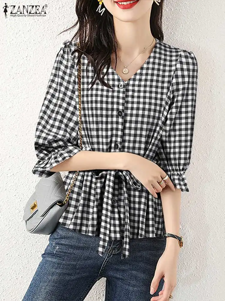 

Elegant Women V Neck Plaid Checked Blouse Summer Half Sleeve Shirt ZANZEA 2023 Fashion Lace Up Work Blusas Ruffles Tops Chemise