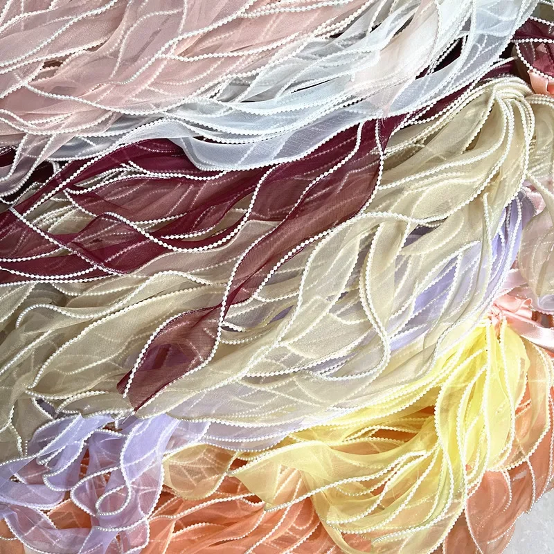 

New 40mm Beads Chain Edge Wave Silk Organza Ribbon Bow Material for Hair Ornament Gift Wrapping Decoration Lace Ribbons