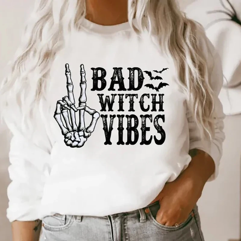 

Bad Witch Vibes Halloween Cute Women Green Eyes Sweatshirt Funny Fall Shirt Skeleton Peace Sign Hands Witch Costume Cotton