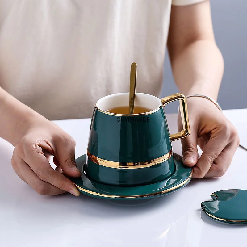 

European-style Luxury Ceramic Coffee Cup Set with Lid Saucer Spoon Gift Box Set Mug Milk Tea Water Green Drink Coffee Cups